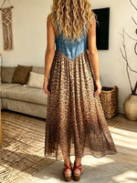 Women Denim Strap Leopard Print Tulle Spliced Midi Dress