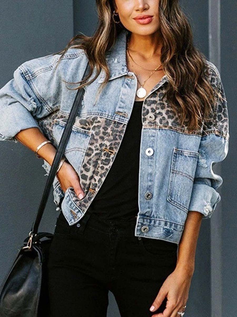 Retro Leopard Patchwork Long Sleeve Lapel Casual Stylish Denim Coat