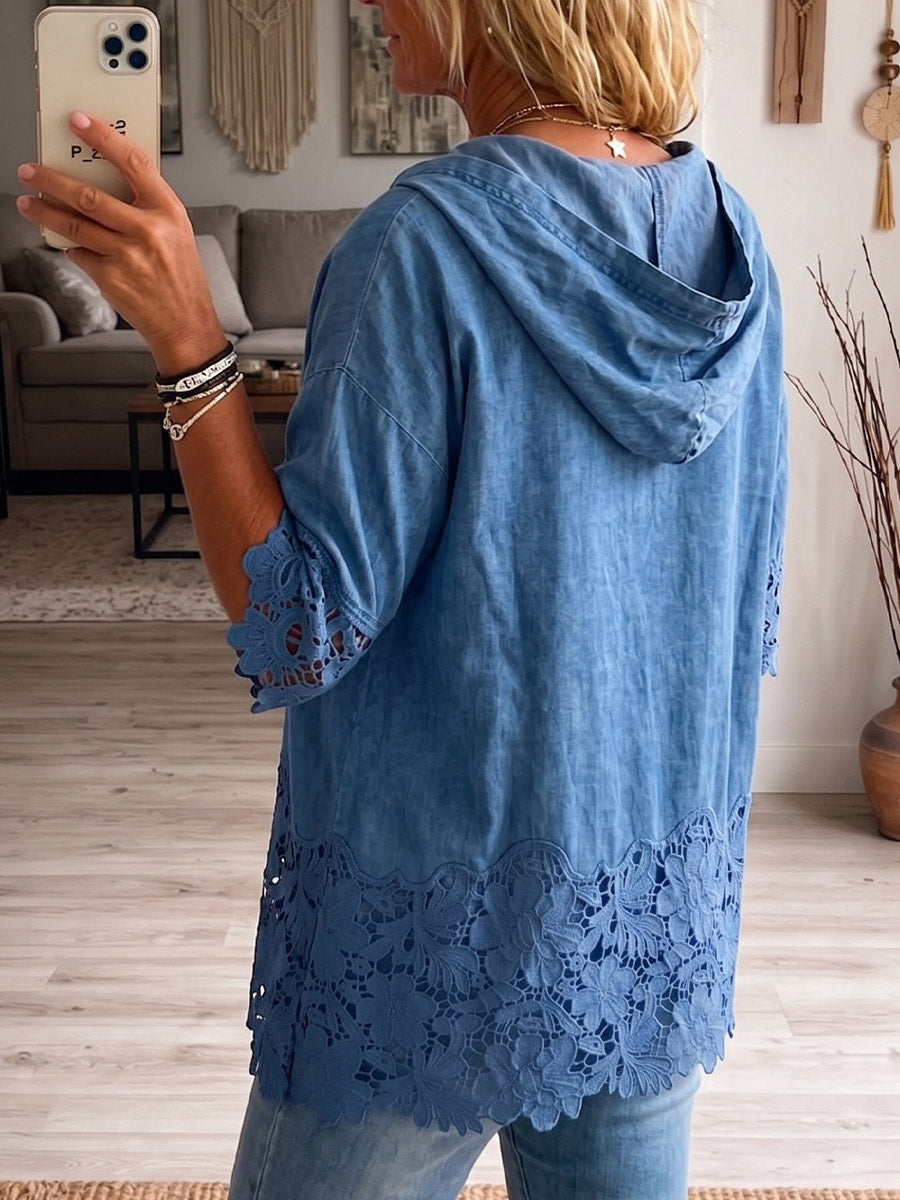 Vintage Elegant Openwork Lace Patchwork Denim Hood Shirt