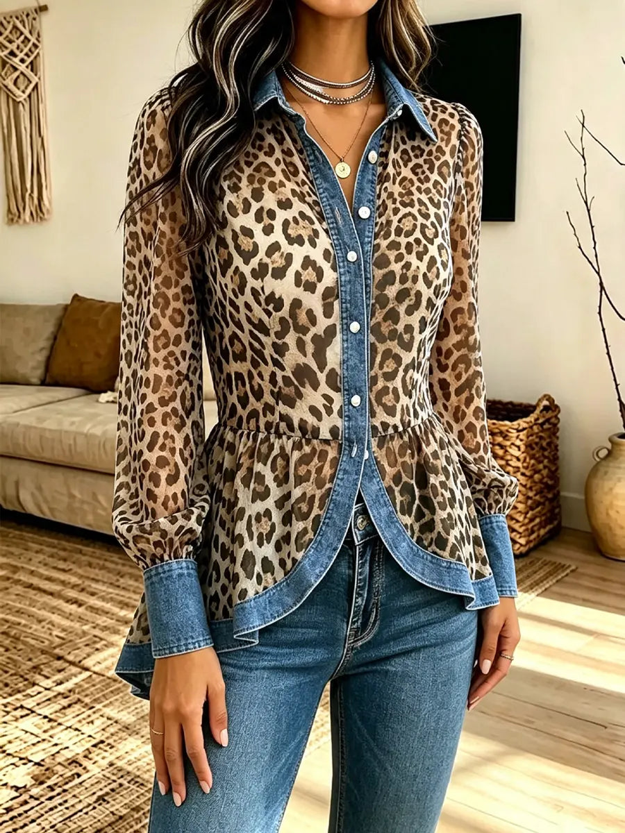 Retro Chic Long Sleeve Leopard Pattern Casual Stylish Denim Patchwork Shirt