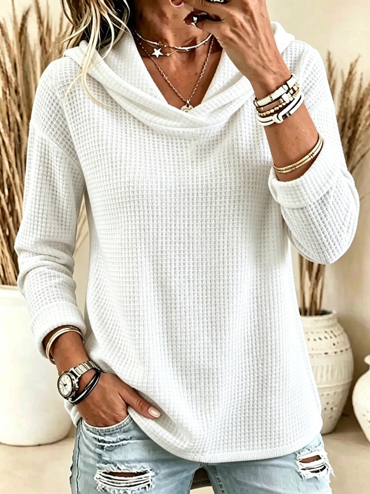 Women's Waffle Knit Cowl Neck Hoodie Top