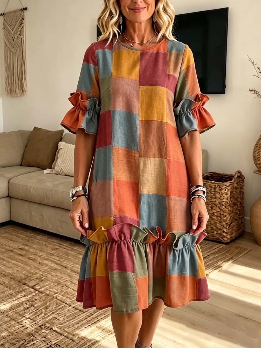 Retro Plaid Pattern Art Print Casual Ruffle Stylish Cotton Linen Dress