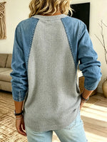 Retro 3/4 Sleeve Casual Stylish Knitted Denim Patchwork Top