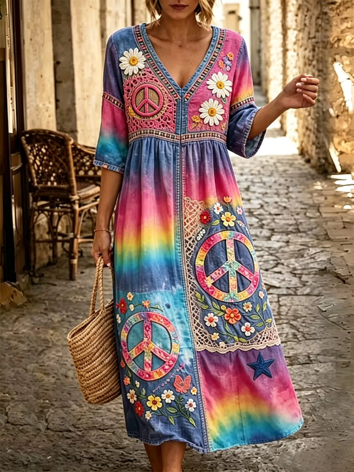 Women's Rainbow Tie-Dye Daisy Peace Sign Lace Patchwork Print V-Neck 3/4 Sleeve Denim Midi Dress