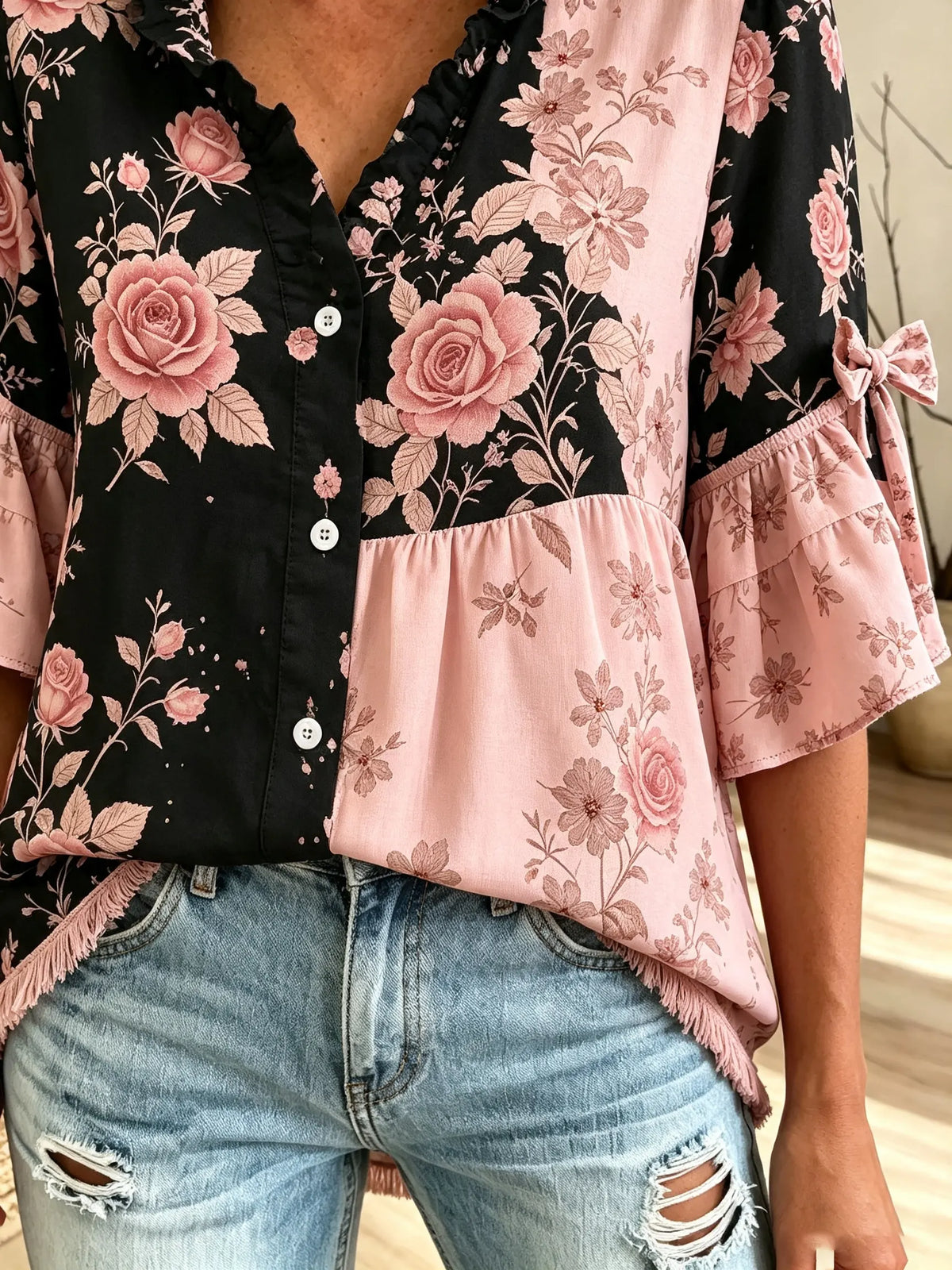 Women's Patchwork Floral Fringe Blouse