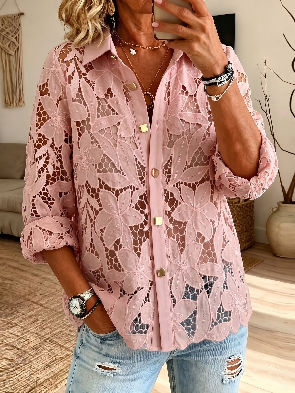 Women’s Floral Hollow Out Lace Lapel 3/4 Sleeve Shirt