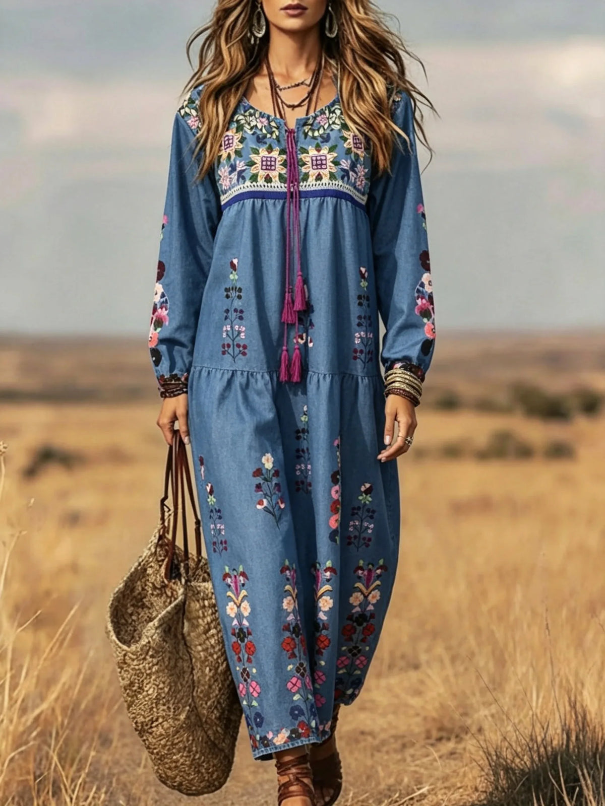 Women Ethnic Floral Print Drawstring Long Sleeve Maxi Dress