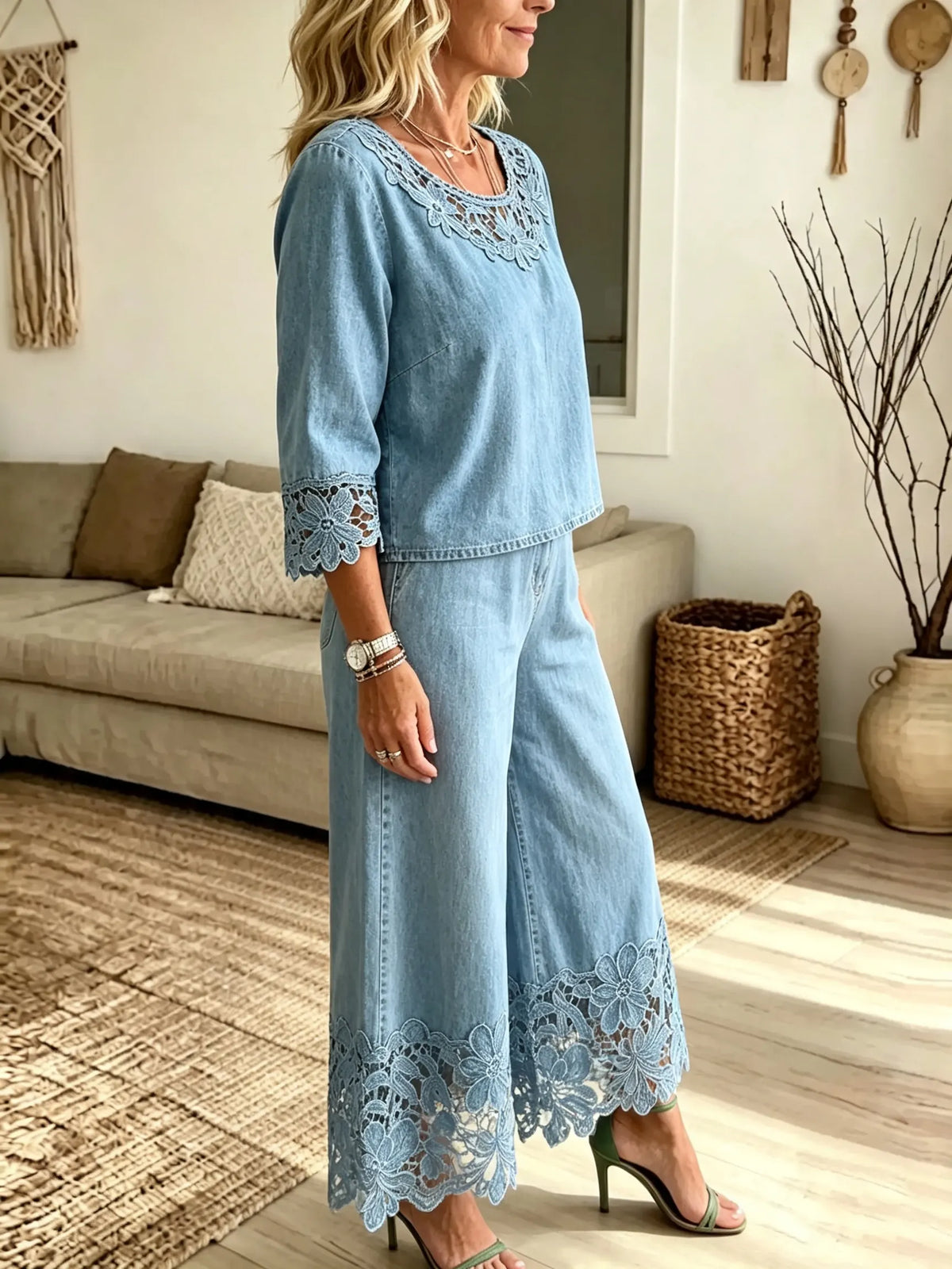 Women's Crochet Cutout Denim Two-Piece Set