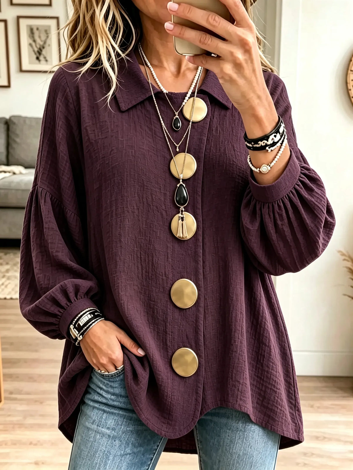 Women's Button Crinkle Tunic Blouse