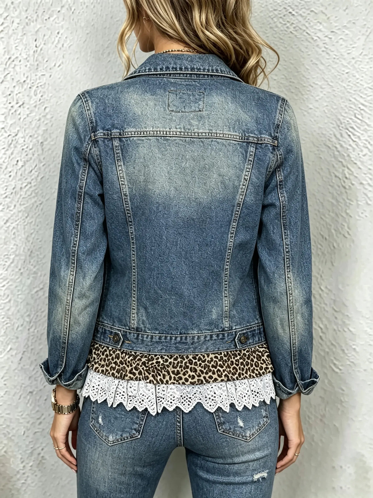 Women's Leopard Lace Hem Denim Jacket