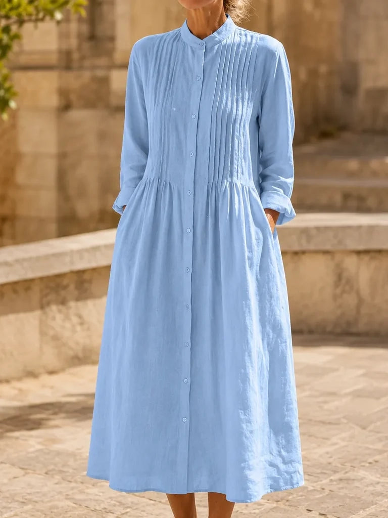 Women's Pleated Band Collar Shirt Dress