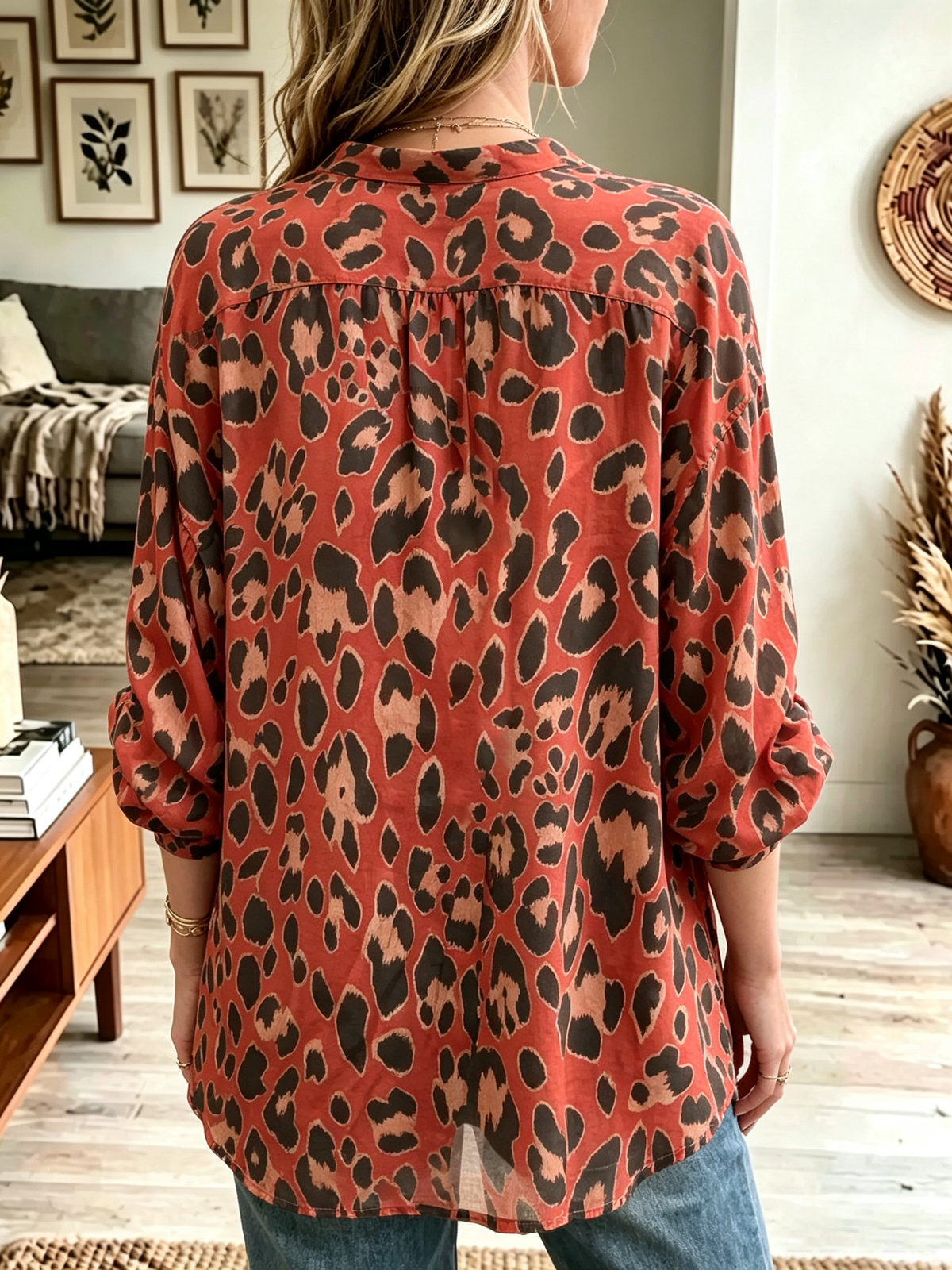 Women's Terracotta Leopard Print Button Blouse
