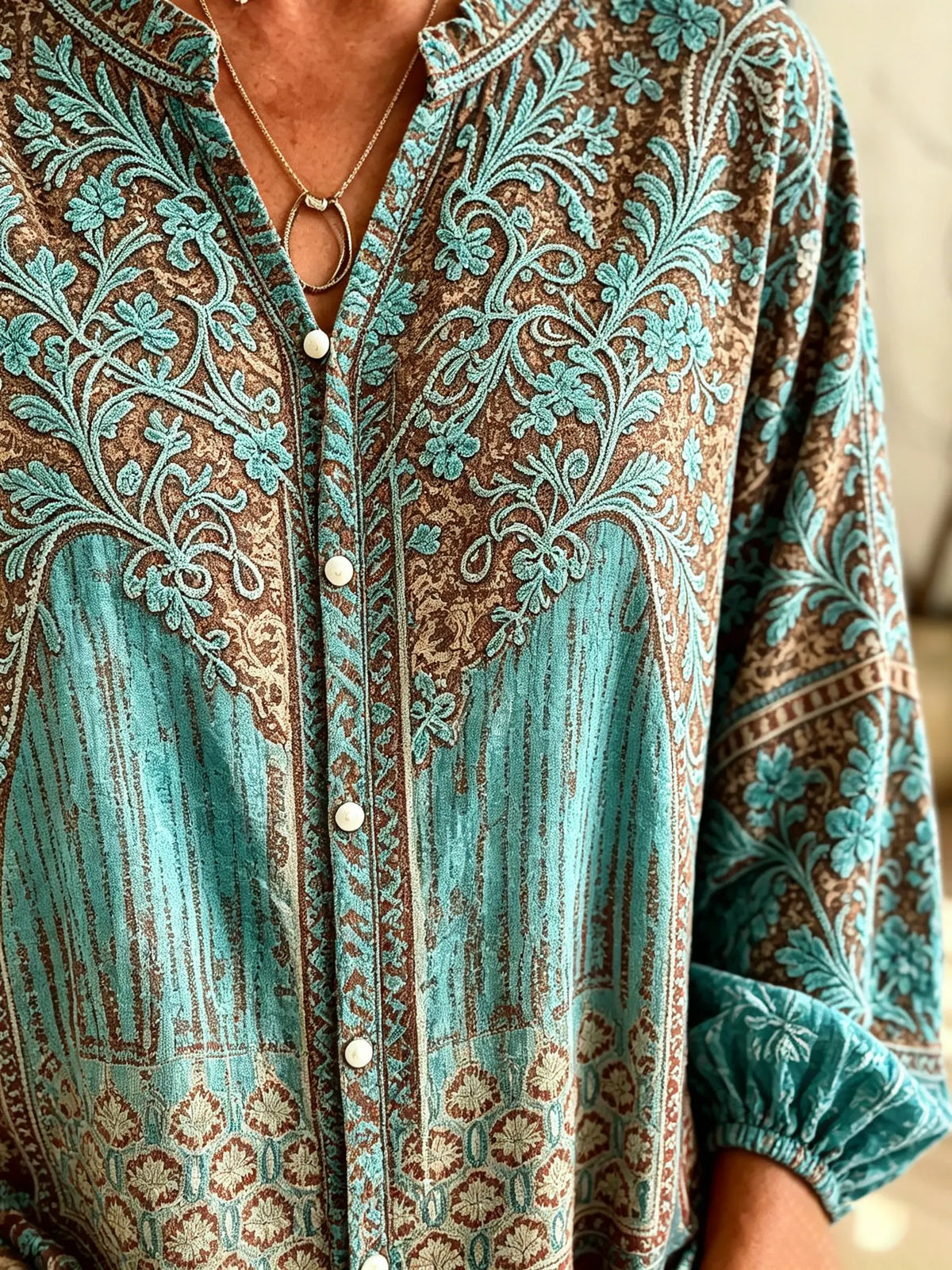 Women's Ethnic Geometric Vintage Print Puff Sleeve V-Neck Blouse