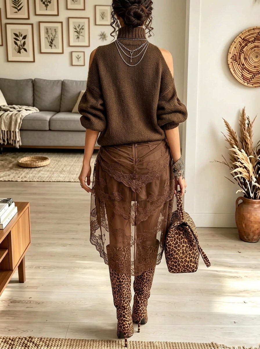 Women's Cold-Shoulder Turtleneck Sweater Lace Dress