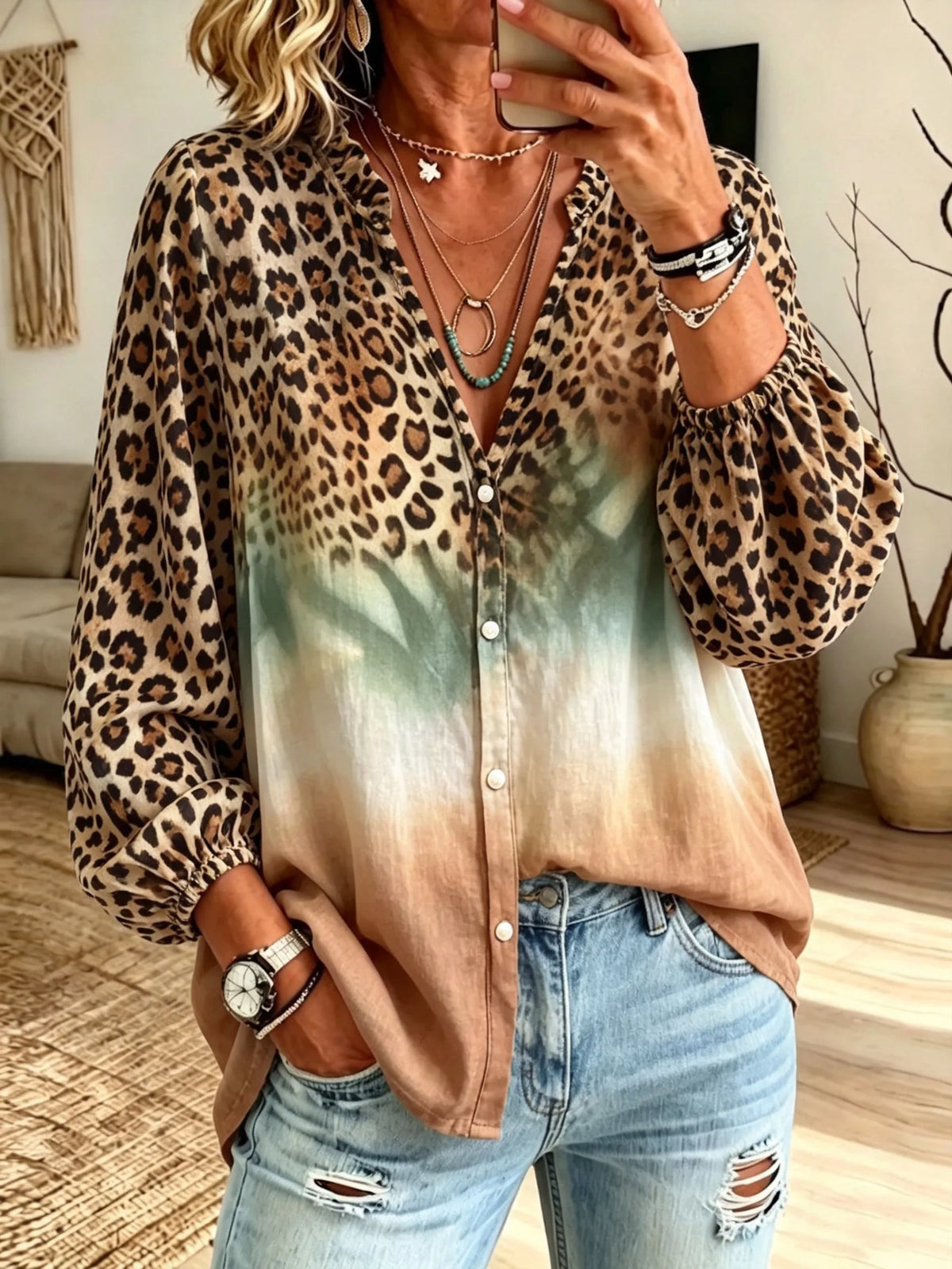 Women's Leopard Gradient Tie-dye Patchwork V-neck Lantern Sleeve Blouse