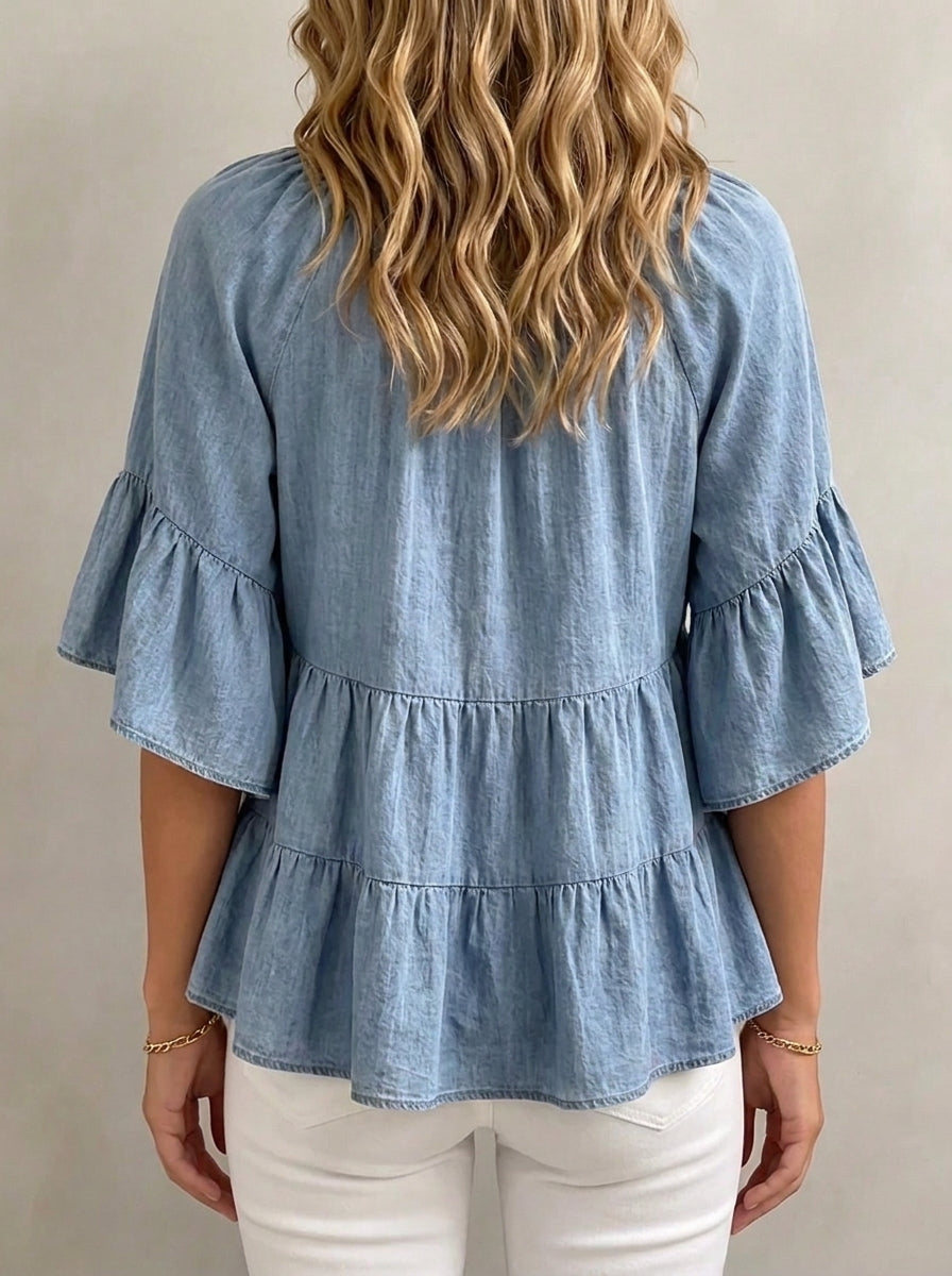 Women Chambray Tie Neck Blouse Ruffle Bell Sleeve Tiered Loose Casual Top