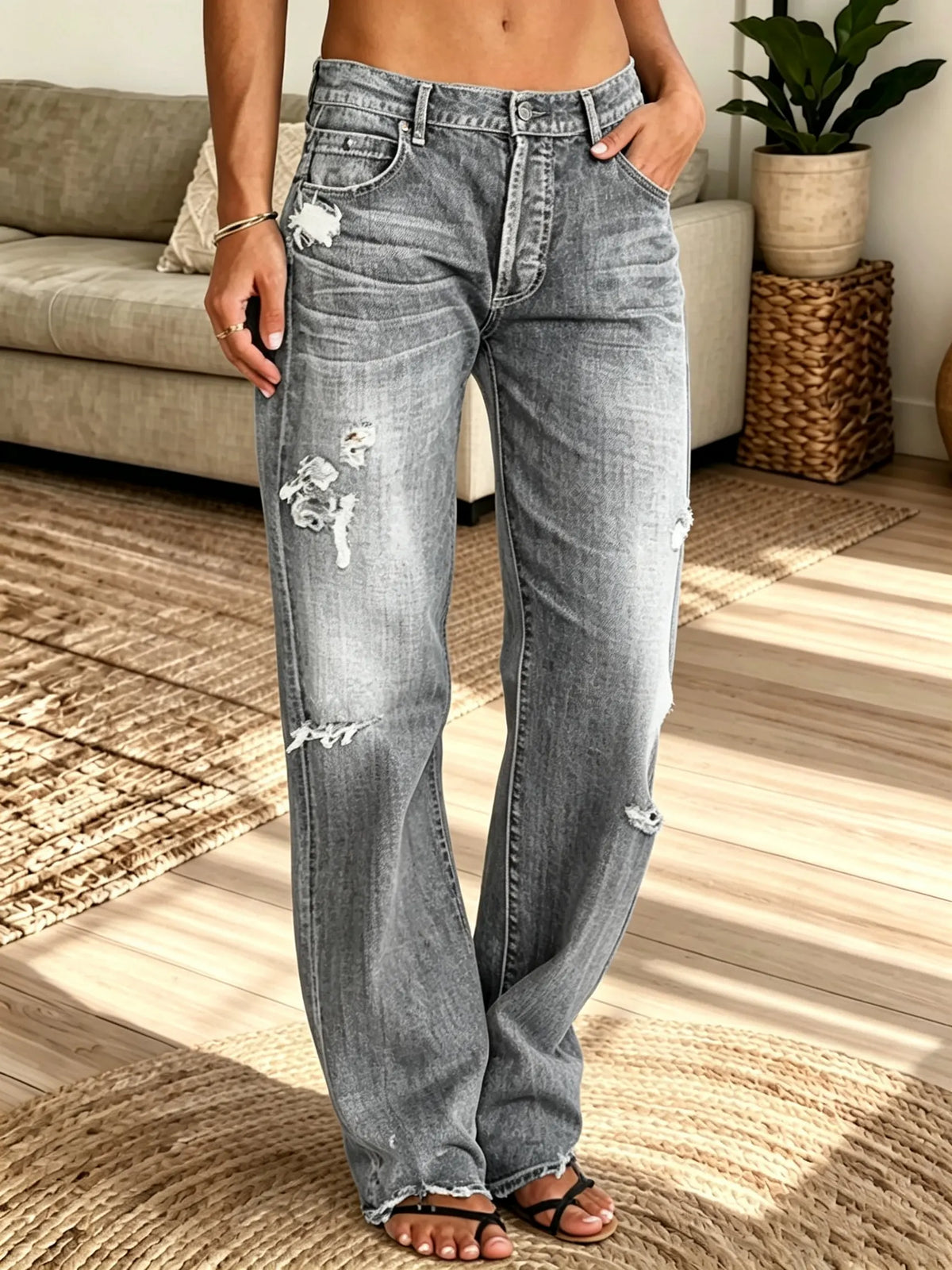 Multi-Color Options Women's Distressed High-Waisted Straight Jeans