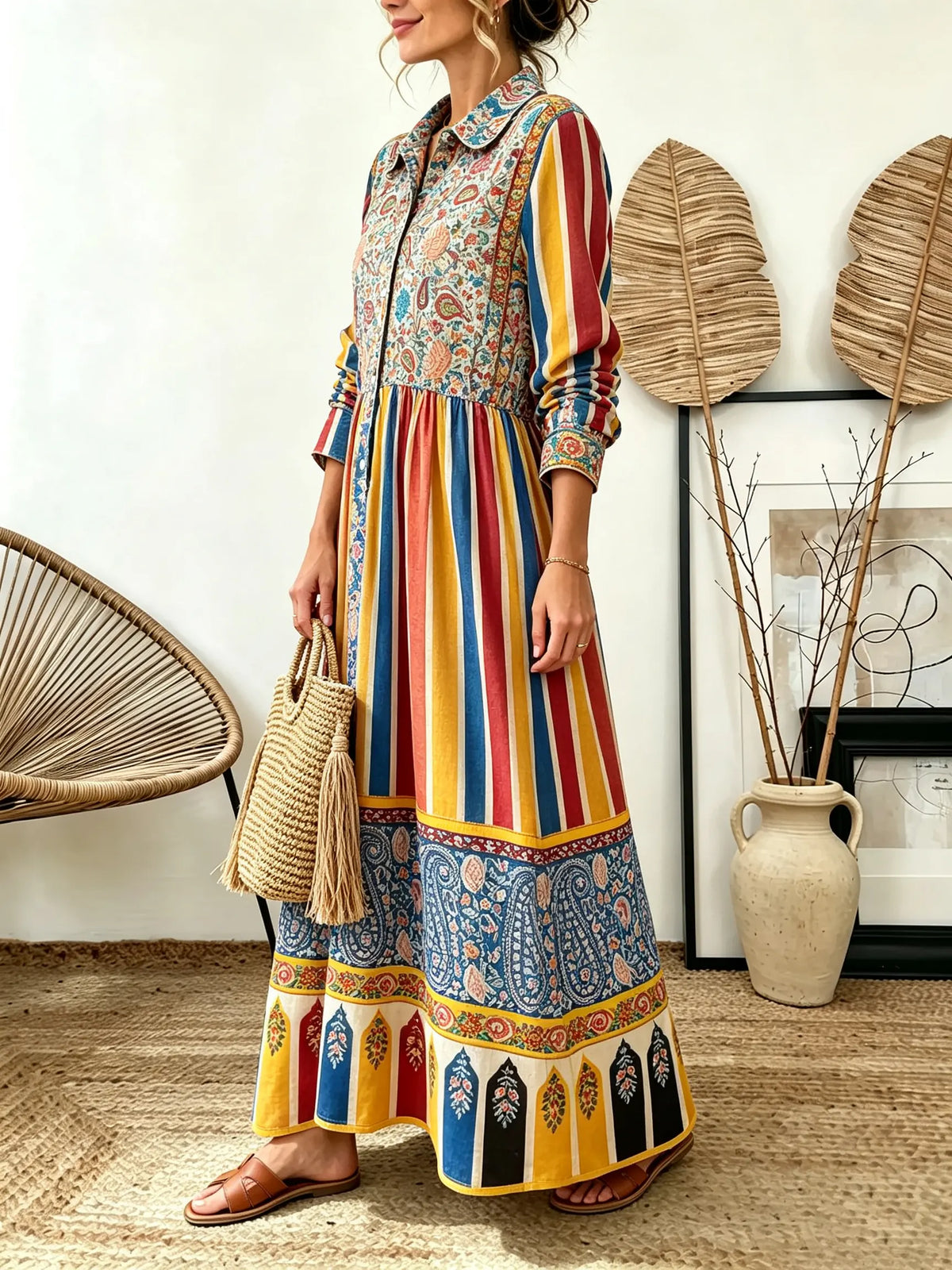 Women's Stripe Paisley Patchwork Print Collared Long Sleeve Maxi Dress