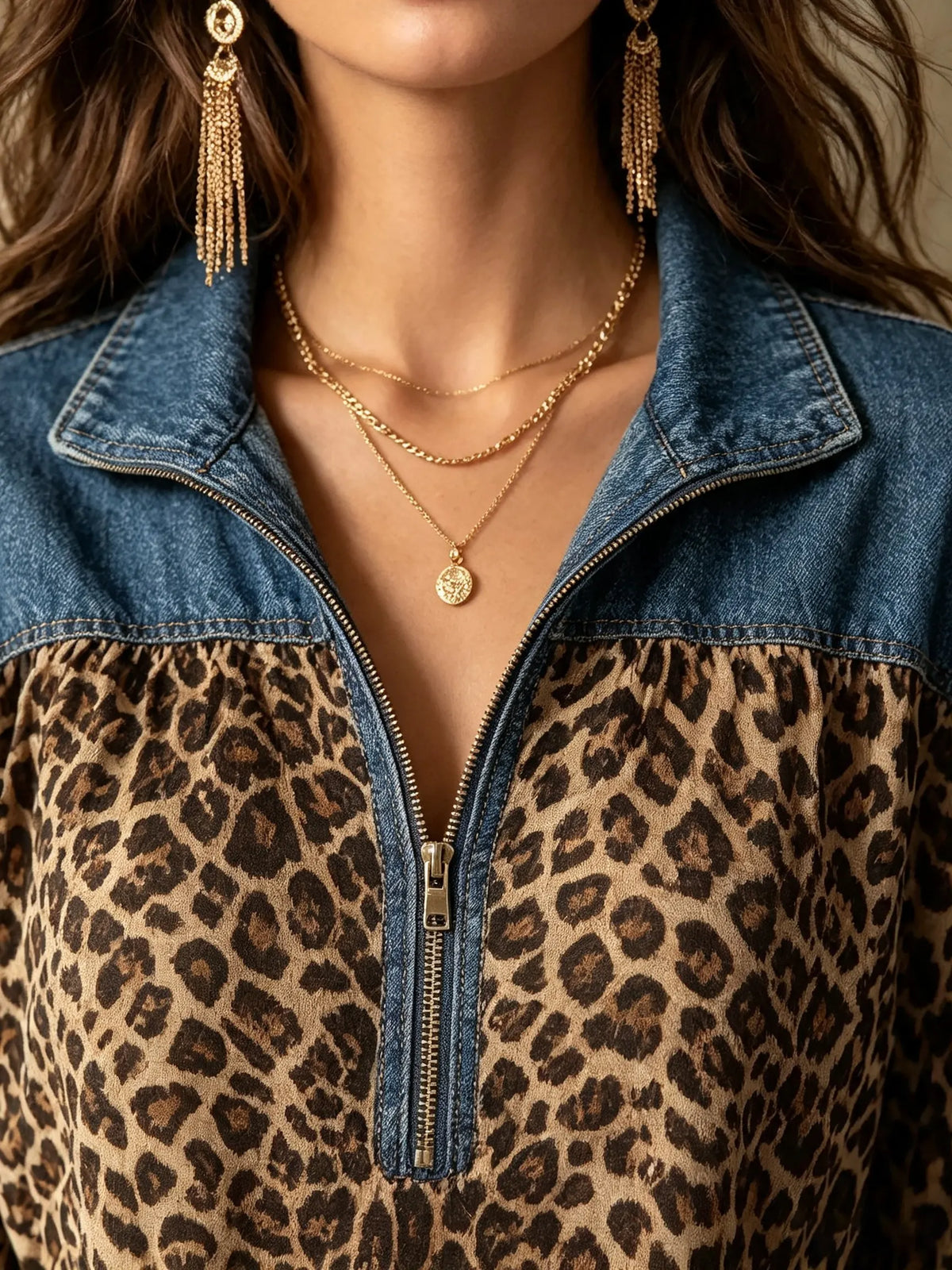 Women's Denim Leopard Maxi Dress