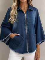 Women Zip‑Up Denim Jacket Lapel Wide 3/4 Flare Sleeve Frayed Hem Coat With Pockets