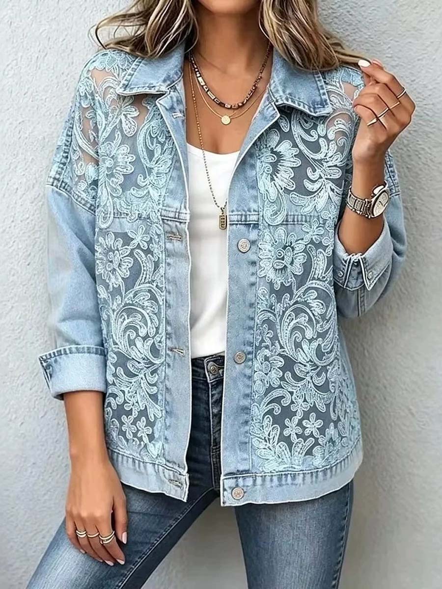 Retro Floral Lace Patchwork Long Sleeve Lapel Casual Stylish Denim Coat