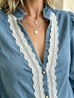 Women's Lace Trim V-Neck Denim Blouse