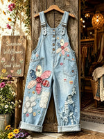 Women's Vintage Washed Denim Floral Patch Distressed Straight Leg Overalls