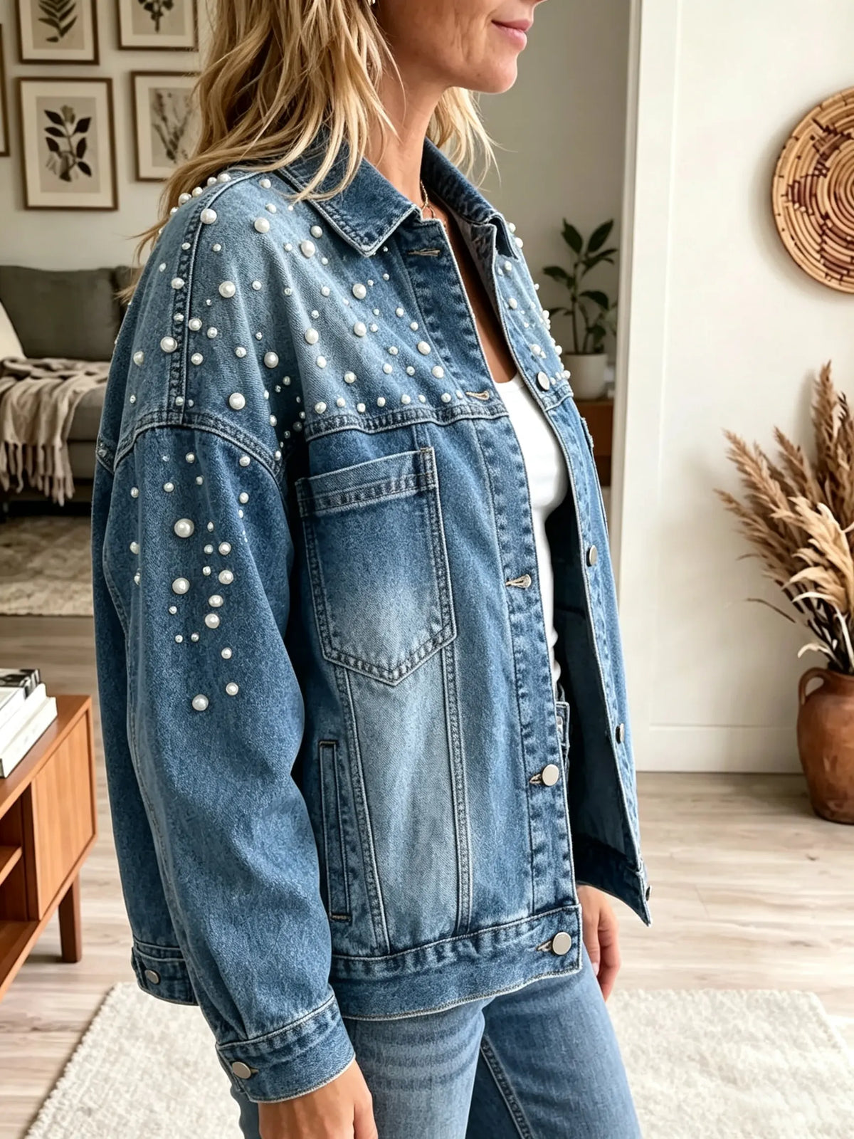 Women's Pearl Studded Oversized Denim Jacket