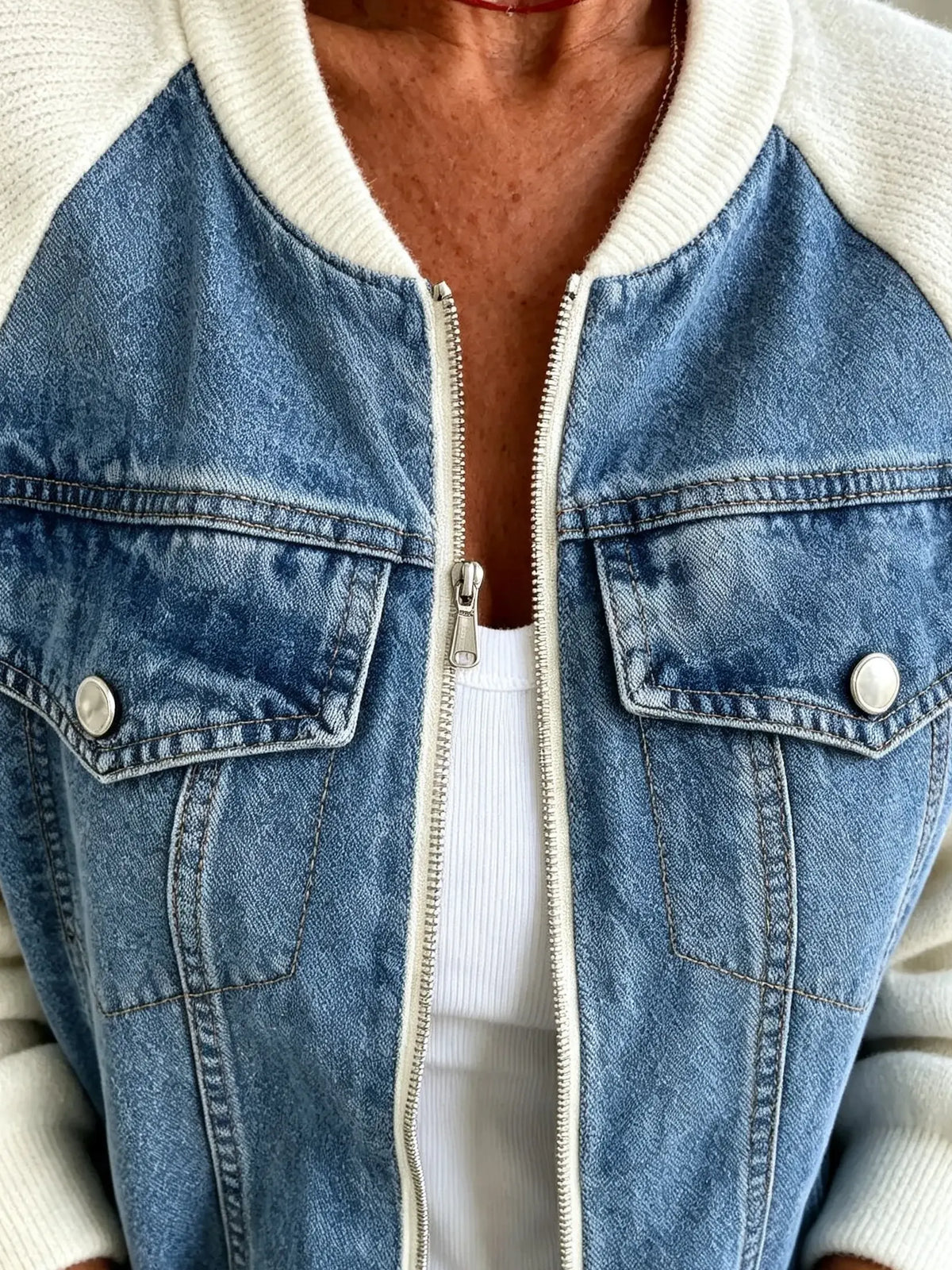 Women's Knit Sleeved Denim Bomber Jacket