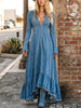Women's Retro Zip Ruffle Hem Art Casual V Collar Long Sleeve Denim Dress