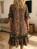 Women's Leopard Print Green Trim Ruffle Midi Dress With Pockets