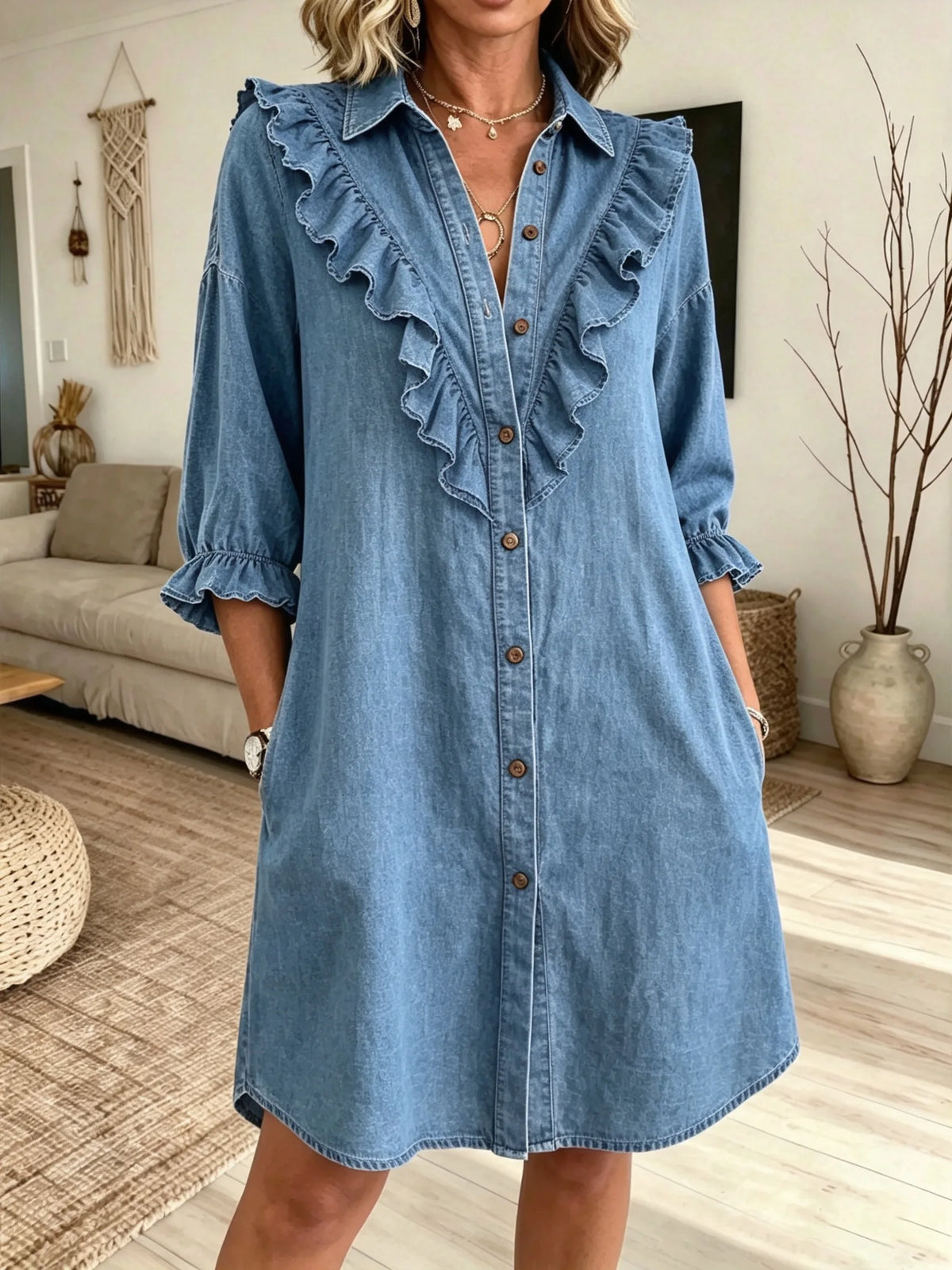 Women's Ruffle Collar Denim Shirt Dress