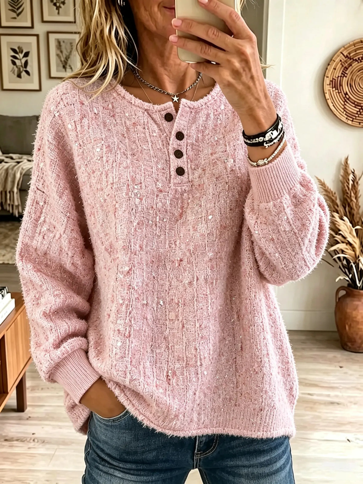 Women's Slub Knit Henley Pullover Sweater