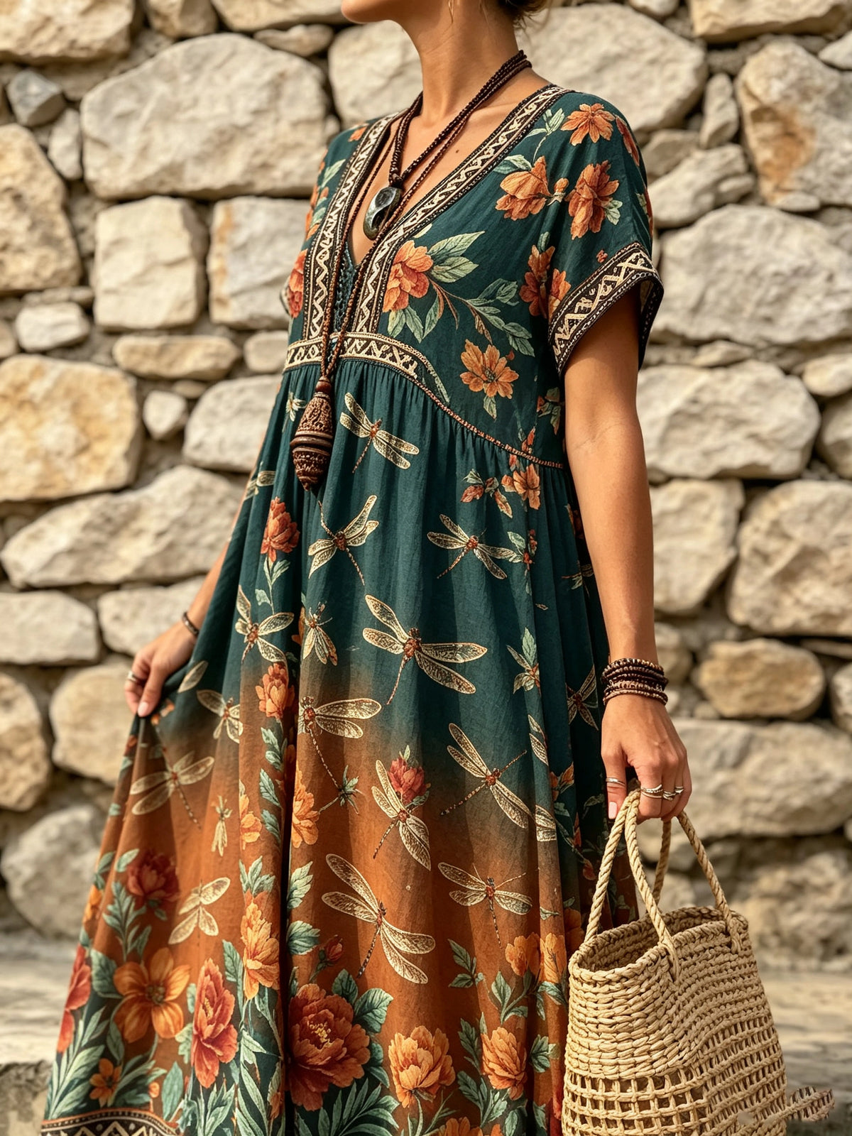 Women's Dragonfly Floral Print Maxi Dress