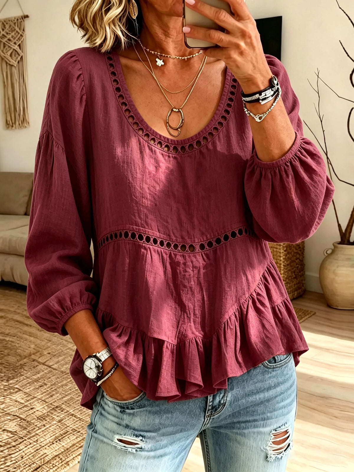 Women's Cutout Eyelet Peplum Blouse
